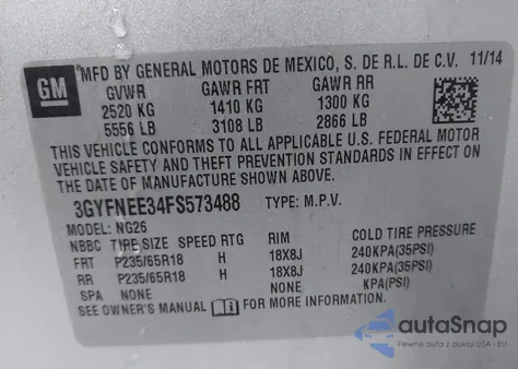 2015 Cadillac Srx Luxury Collection z USA, uszkodzony, nr VIN 3GYFNEE34FS573488